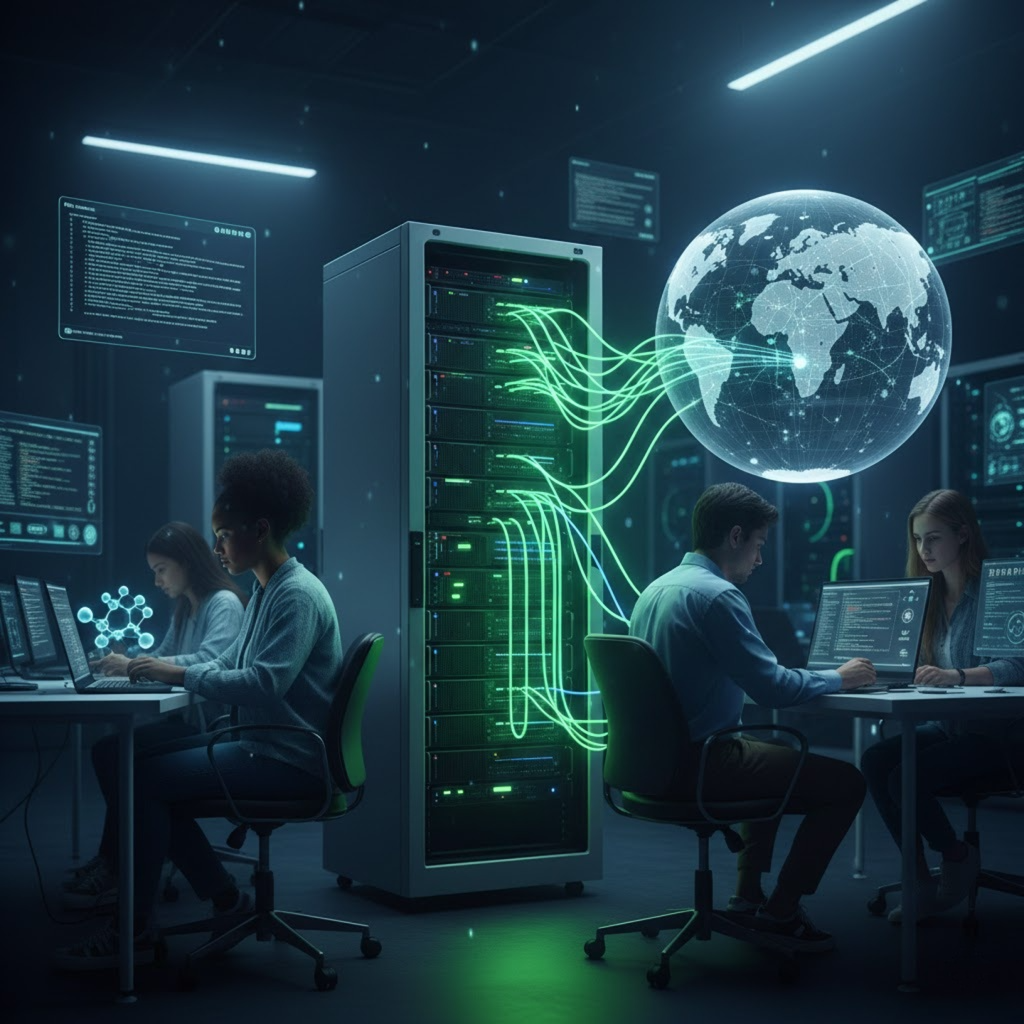 Technical diagram showing students globally connected to high-performance Windows RDP and Linux VPS server infrastructure for academic research